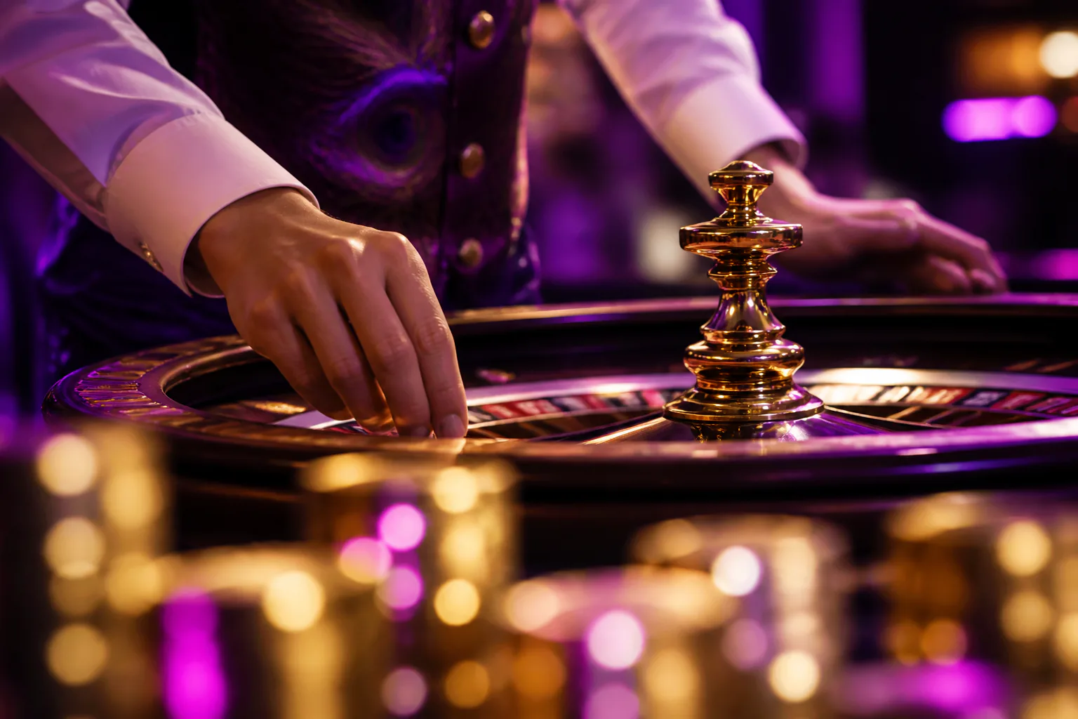 Mesa de ruleta iluminada en violeta que ilustra Dragonia Casino España online